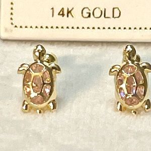Solid Yellow Gold 14 Karat Ocean Turtle Pink  Cz Stud 5x10 mm Earring